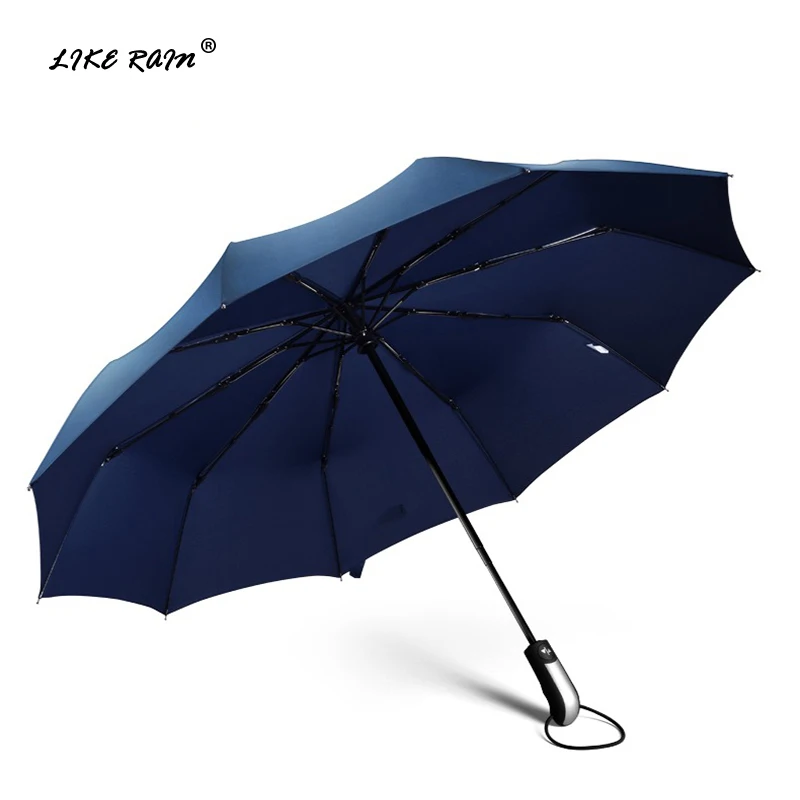 

LIKE RAIN Fully-automatic Men Umbrella 10Ribs Large Strong Windproof Umbrellas Three Folding Umbrella Rain Women paraguas UBY10