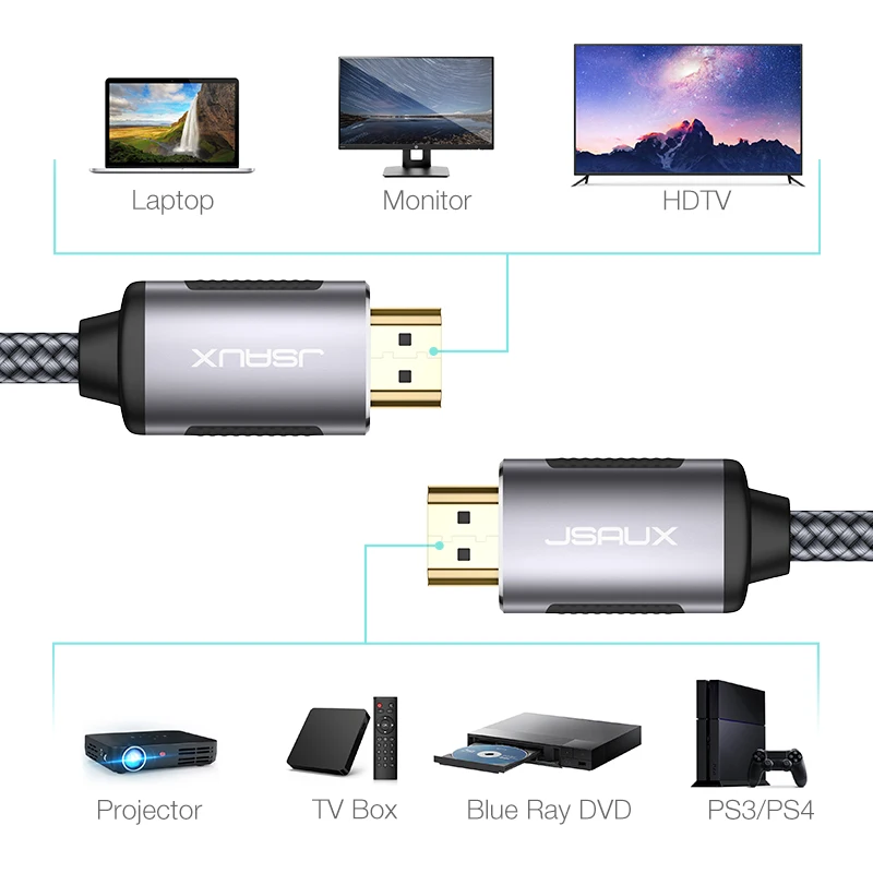 JSAUX HDMI 2,0 высокоскоростные Позолоченные разъемы плетеный шнур совместимый Ethernet/аудио возвратный канал, видео 4K UHD 2160 p, HD