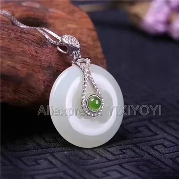 

Beautiful 925 Sterling Silver White Green HeTian Jade Round Buckle Design Lucky Pendant + Chain Necklace Fine Jewelry Charm Gift