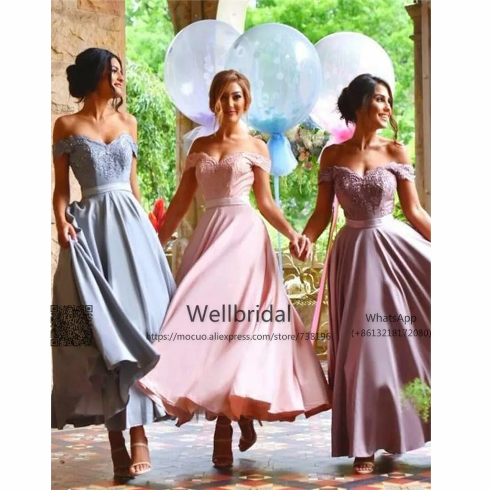 Charming A-Line Off-Shoulder Tea-Length Bridesmaid Dress with Appliques from dressthat