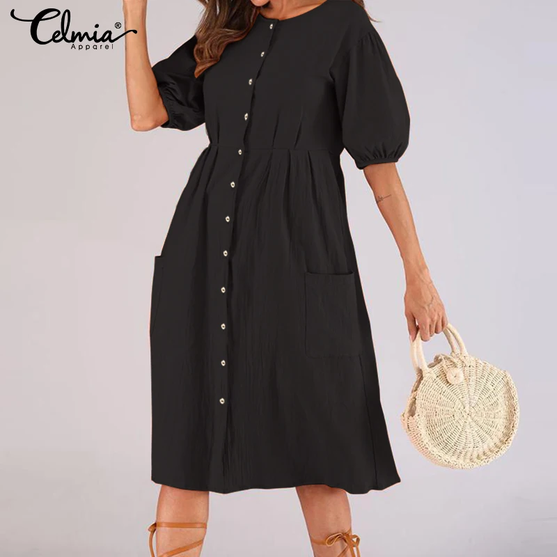 

S-5XL Women Casual Buttons Mid-calf Dress 2019 Celmia Summer Half Sleeve Elastic Waist Solid Vintage Shirt Vestidos Plus Size