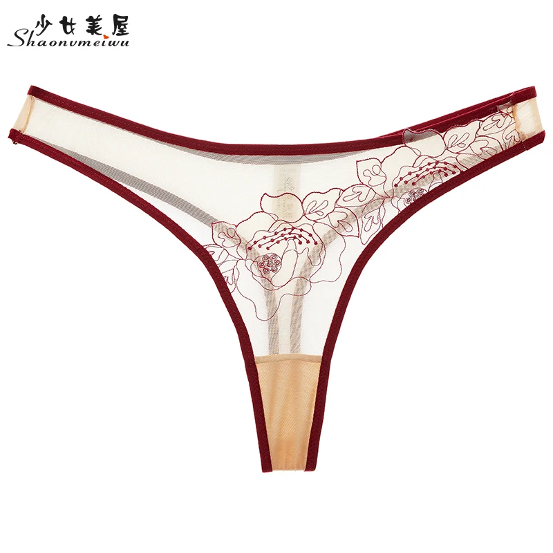 

shaonvmeiwu Ladies see-through mesh T word underwear thin transparent embroidery sexy T word pants wine red winter