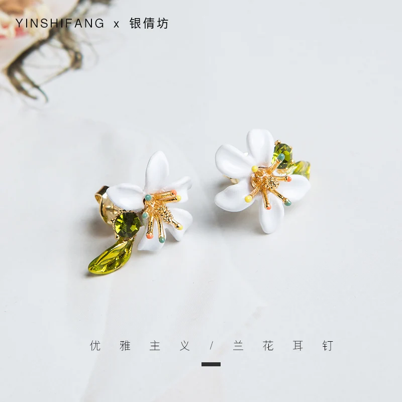 

Orange Flower Green Leaf Luxury Enamel Glaze Earring Stud Jewelry Silver Prevent allergy