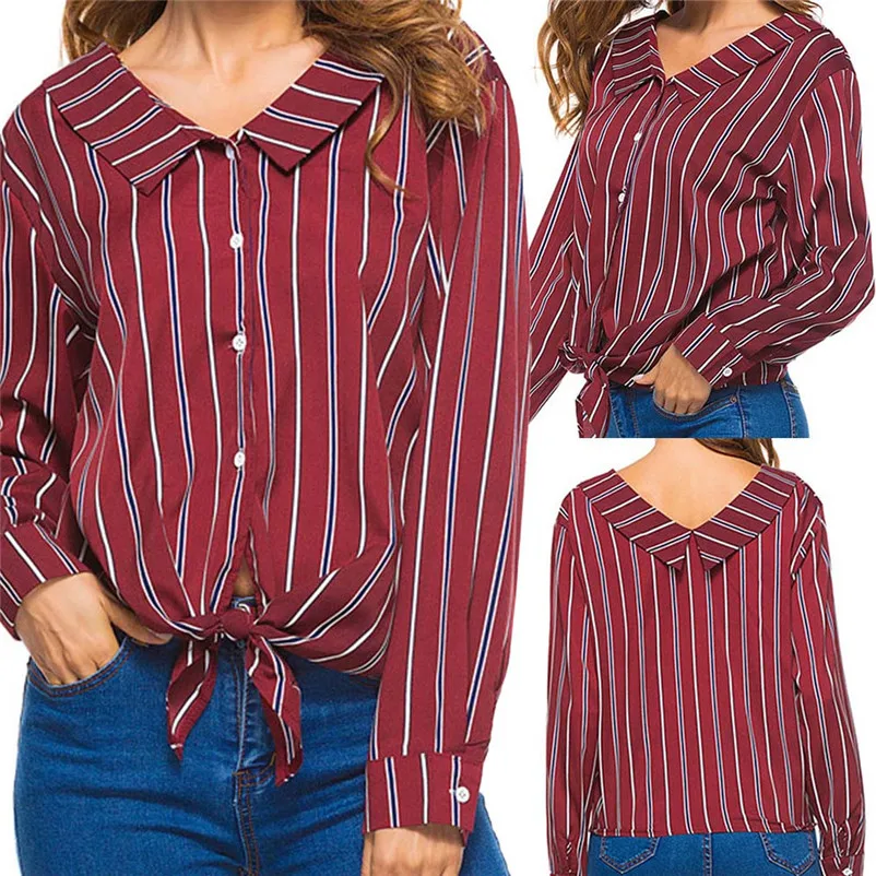Fashion womens tops and blouses 2018 Womens Bow Striped Lapel Neck Button Long Sleeve Shirt Tops Blouse camicette A06#N  (3)