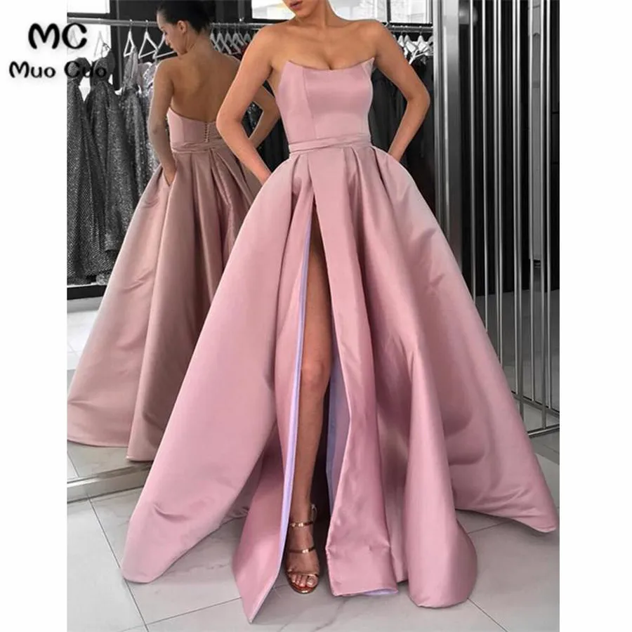 Strapless Bodice Corset Long Satin Leg Split Evening Dresses 20184