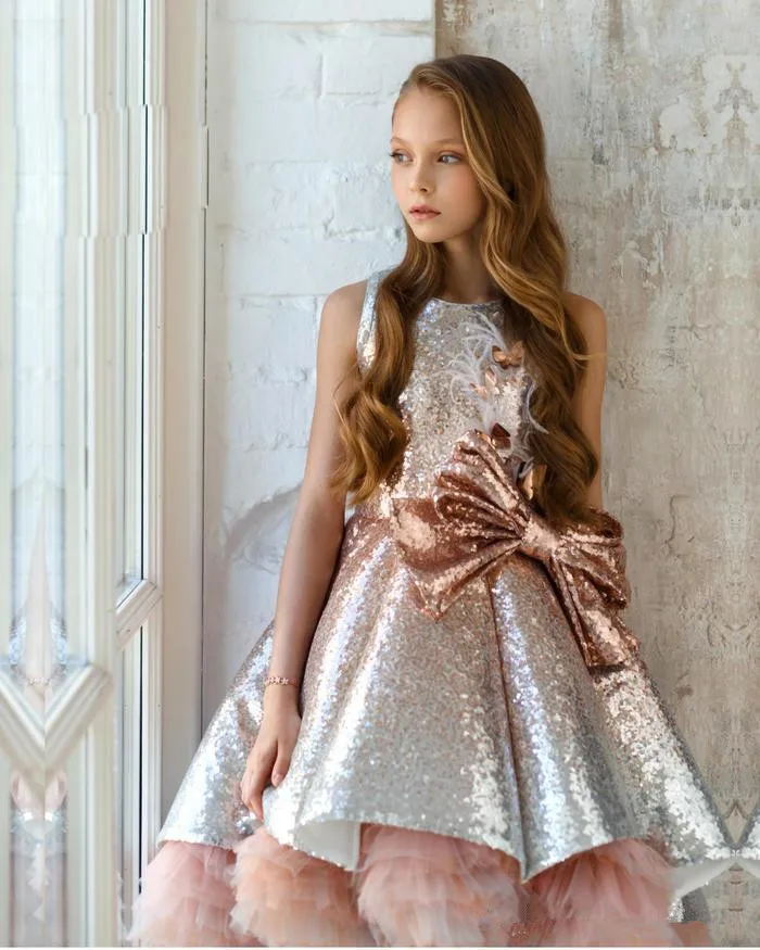 

Sparkle 2019 Flower Girl Dresses For Weddings Ball Gown High Low Sequins Bow Long First Communion Dresses For Little Girls