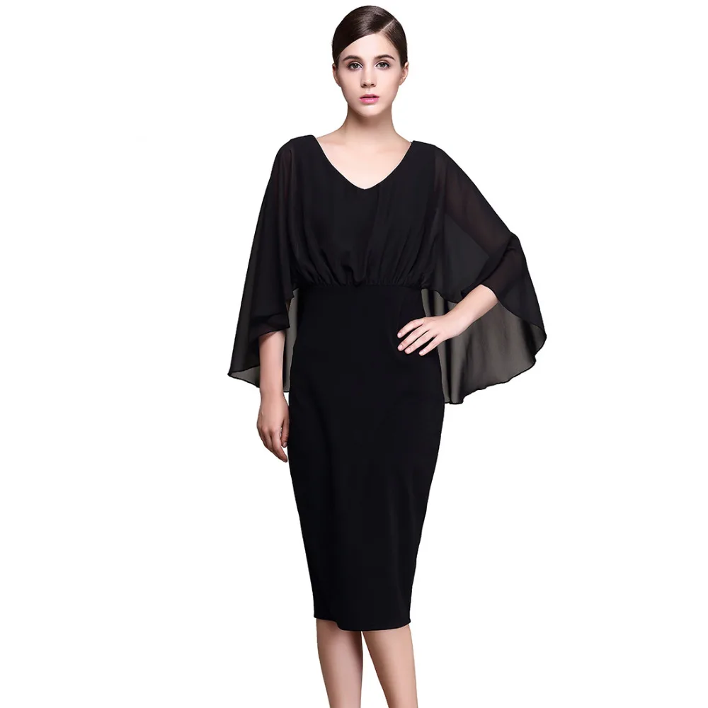 Black Dress Chiffon Patchwork Cape Sleeve Elastic Bodycon Elegent Pencil Dresses Party/Office/Formal/Club Autumn/Winter Vestido