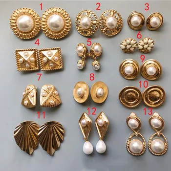 

Vintage Gold Geometric Big Round Clip Earrings for Women Baroque Style Elegant Pearl Statement Earrings Jewelry