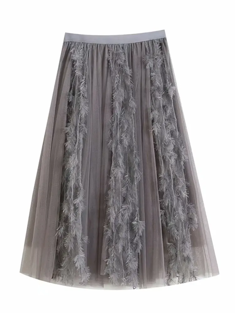 Женская юбка миди с перьями из тюля, эластичная талия, повседневная, высокая талия, Черная вуаль, юбка-пачка, винтажная, а линия, уличная мода