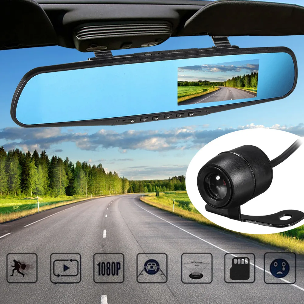 4'' 1080P HD Dual Lens Durable Car DVR Camera Monitor Dash Cam Recorder Reverse Mirror 500W Pixels Blue Screen XNC