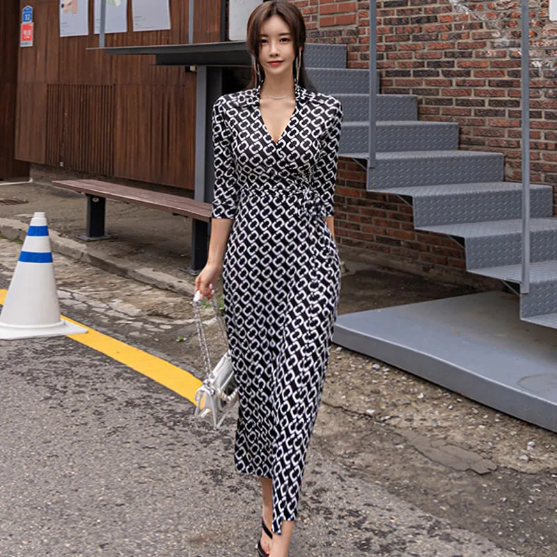 

Autumn Classic Print V-Neck 3/4 Sleeve High Waist Split Maxi Long Slim Casual Dress