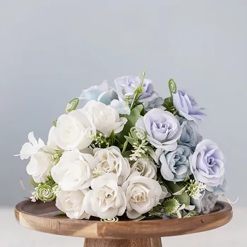 

white silk artificial rose flowers for wedding marriage diy decoration small craft flowers blue mini fake flowers for home decor