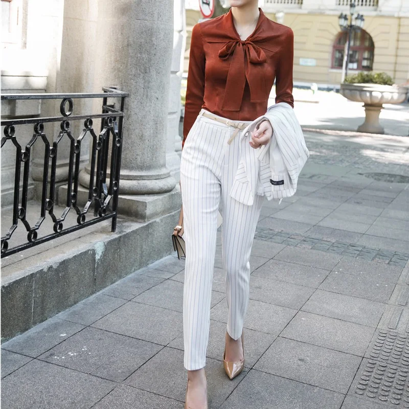 Модные Полосатые узкие брюки облегающие леггинсы женские капри Униформа стили