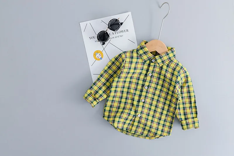 Коллекция года, детская одежда Корейская версия джинсовой клетчатой рубашки для мальчиков и девочек комплект детской одежды из двух предметов