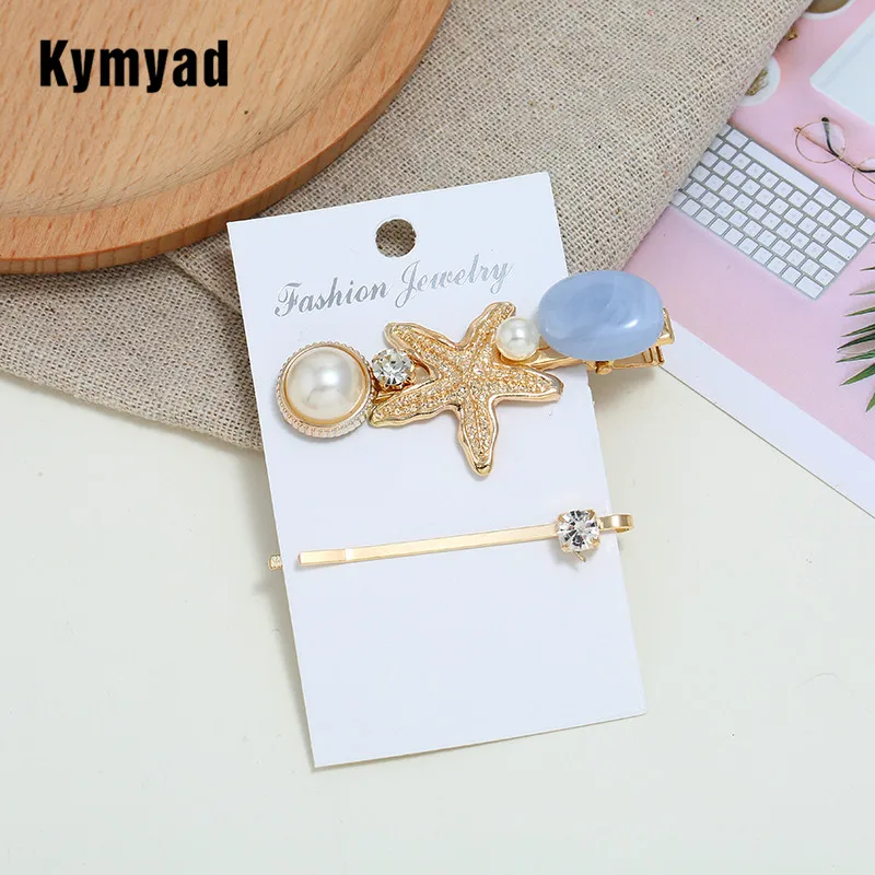 Kymyad 2Pcs/set Women Sea Star Hairpin Crystal Hair Clip Gold Color Barrette Imitational Pearl Accessories | Украшения и