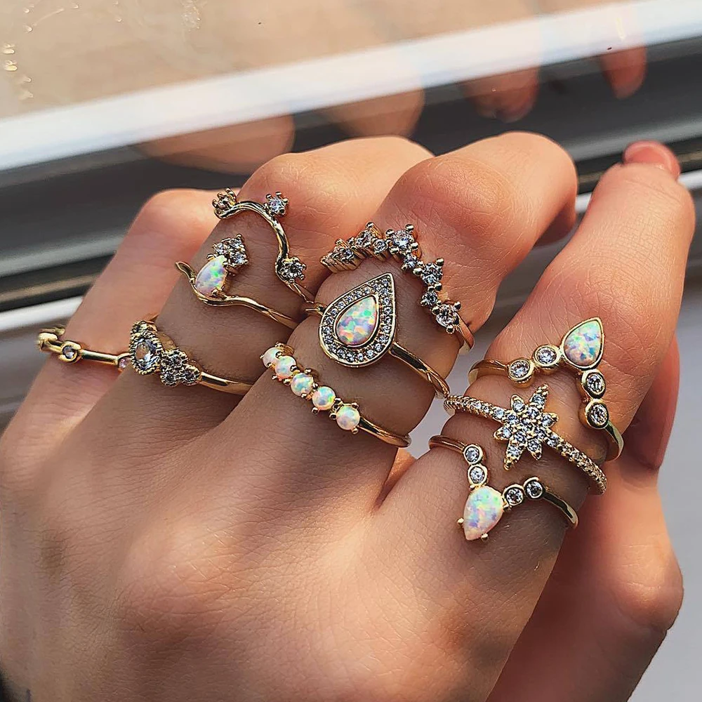

10 Pcs/set Women Exquisite Crystal Star Crown Water Drop Geometry Joint Ring Set Boho Vintage Jewelry Accessories Valentine Gift