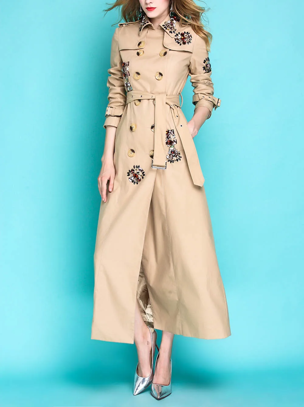 Английский стиль осень весна пальто для женщин Регулируемая Талия тонкое пальто с бриллиантами X-long Тренч Женская верхняя одежда B1144 - Цвет: khaki
