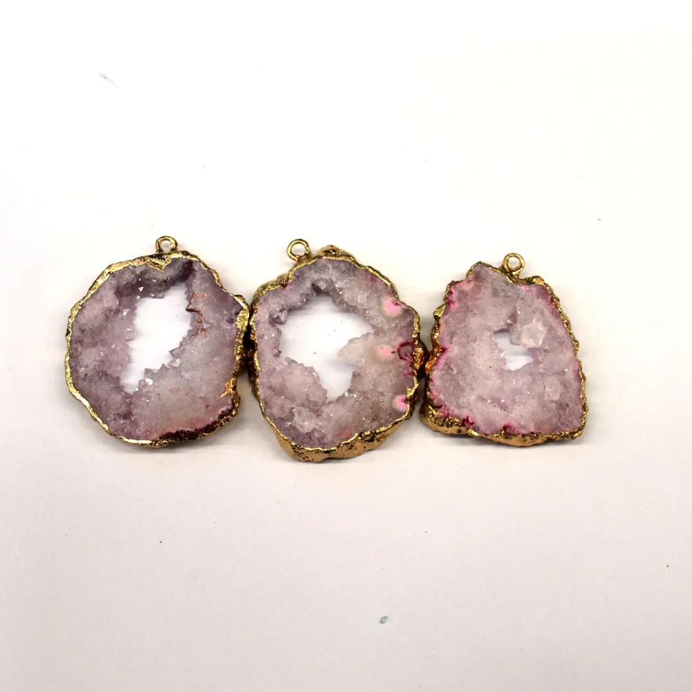 

Wholesale Natural Unique Rose Pink Drusy Crystal Stone Pendant Golden Plated Irregular Geode DIY Necklaces For Jewelry Making