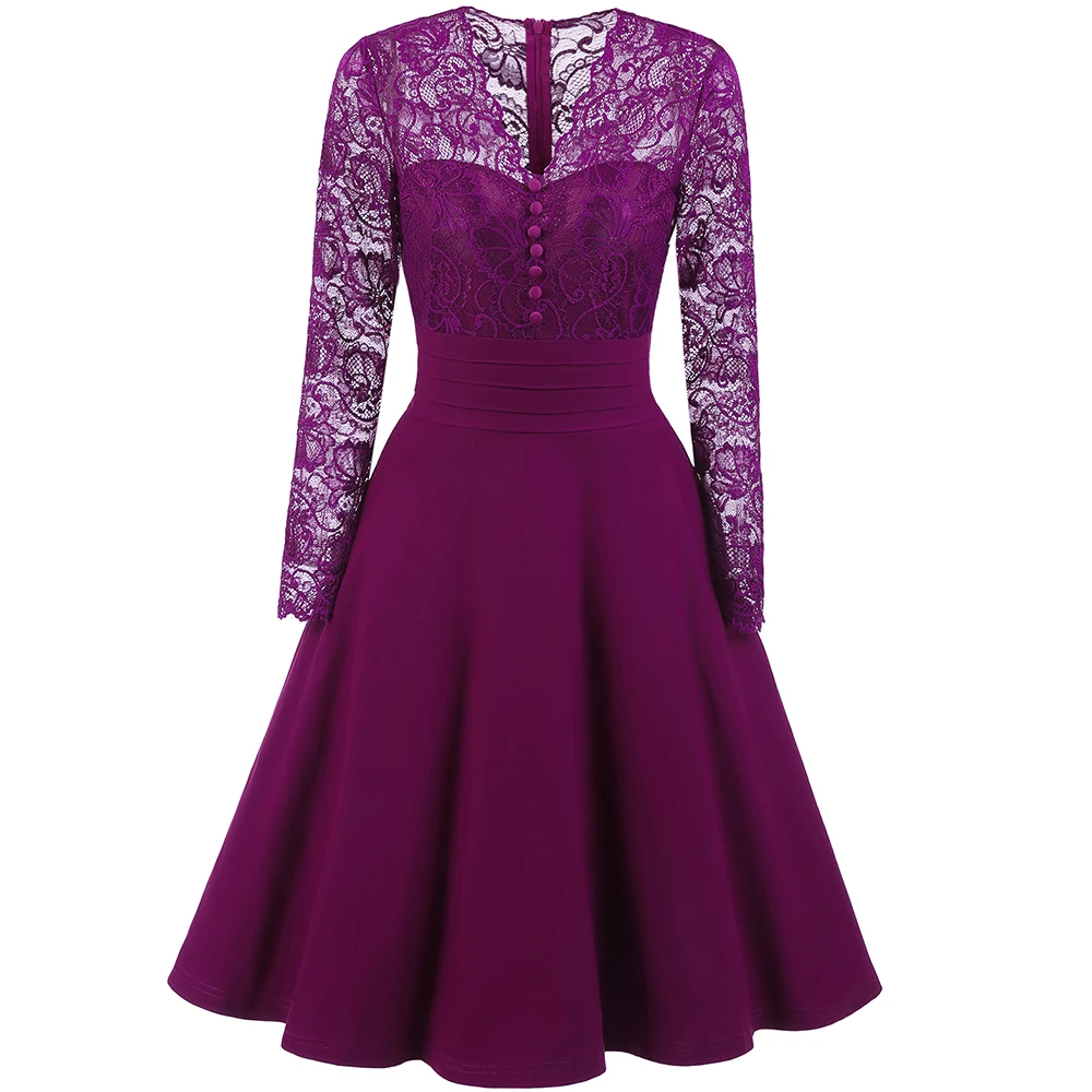 Vintage V Neck Purple Lace Dress Patchwork Elegant Lace Sleeve Vestido De Festa Knee Length Midi