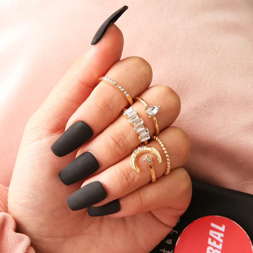 

New Cubic Zirconia Gold Ring Set Bohemian Trend Personality Water Droplets Moon Rings for Women Anillos Acero Inoxidable Mujer