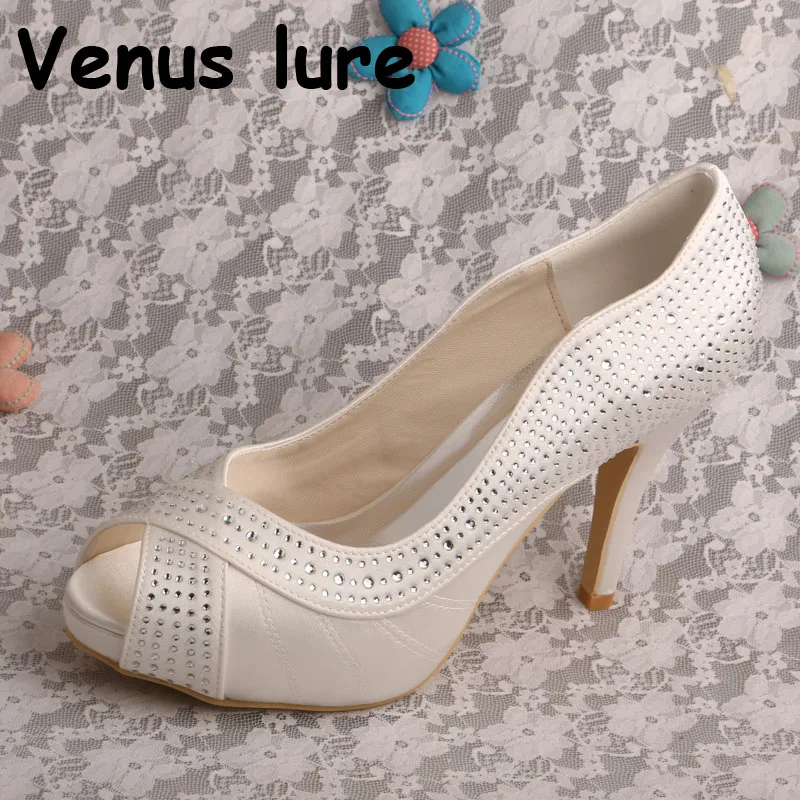 Ivory Satin Ladies Footwear Wedding High Heel Peep Toe Prom Heels 2 inch Bride Shoes with Crystals