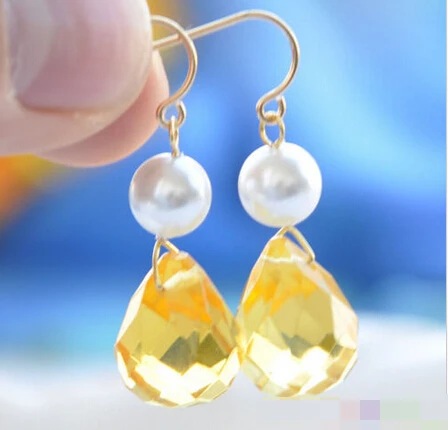 

hot sell new - 1542 citrineTeardrop faceted crystal white round pearl dangle earring