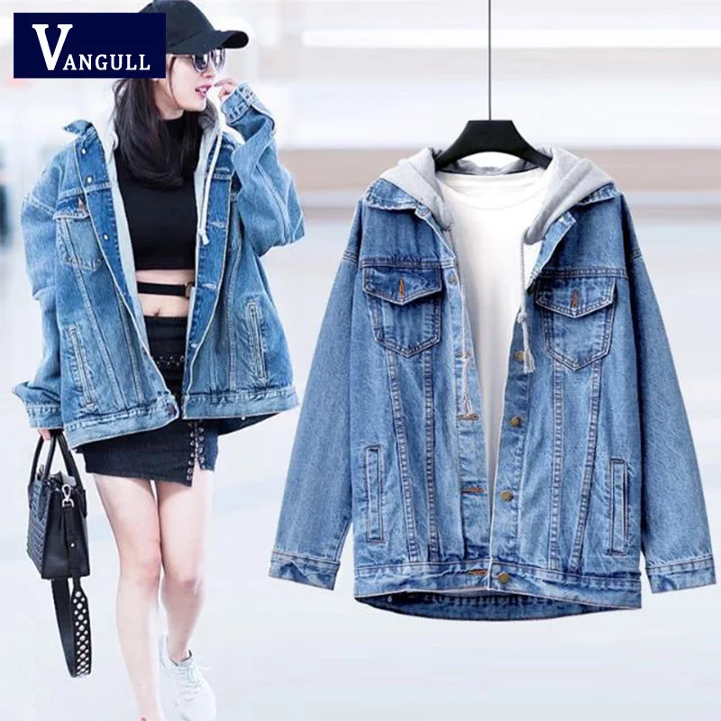 

Vangull 2019 Autumn Women Hooded Drawstring Jean Jacket Boyfriend Pocket Coat Long Sleeve Single Breasted Denim Jacket Outerwear