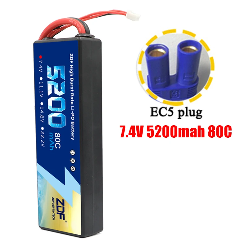 ZDF Lipo Аккумулятор 7,4 V 11,1 V 14,8 V 5200mah 6200mah Hardcase 2S 3S 4S 80C 160C 1/10 1/8 весы для Traxxas Slash 4x4 RC автомобилей лодки - Color: 2S5200mah EC5 plug