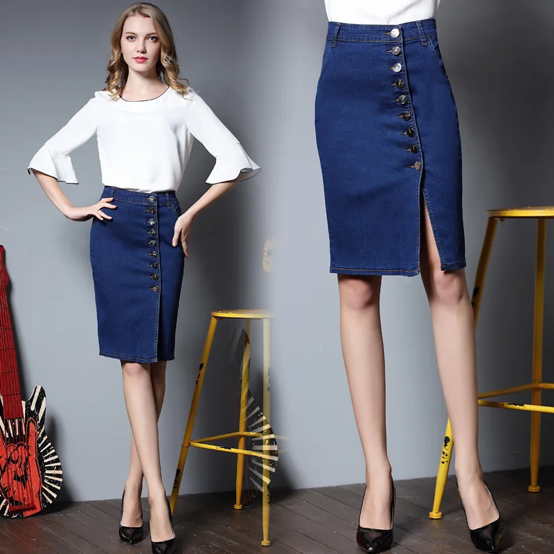 Новая Летняя мода плюс размер тонкий однобортный открытый вилка джинсовая юбка для женщин большие размеры S-6XL джинсовая Midiskirt - Цвет: jean blue