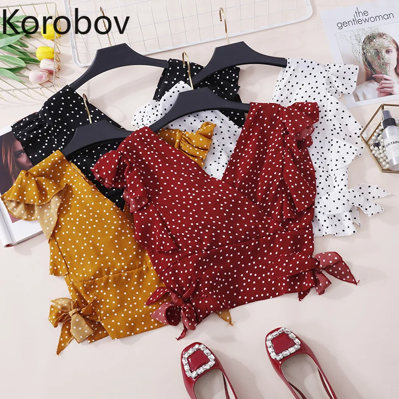 

Korobov Korean Polka Dot V Neck Elegant Women Tank Top Slim Lacing Bow Sexy Short Women Vest Backless Vogue Tops 77829