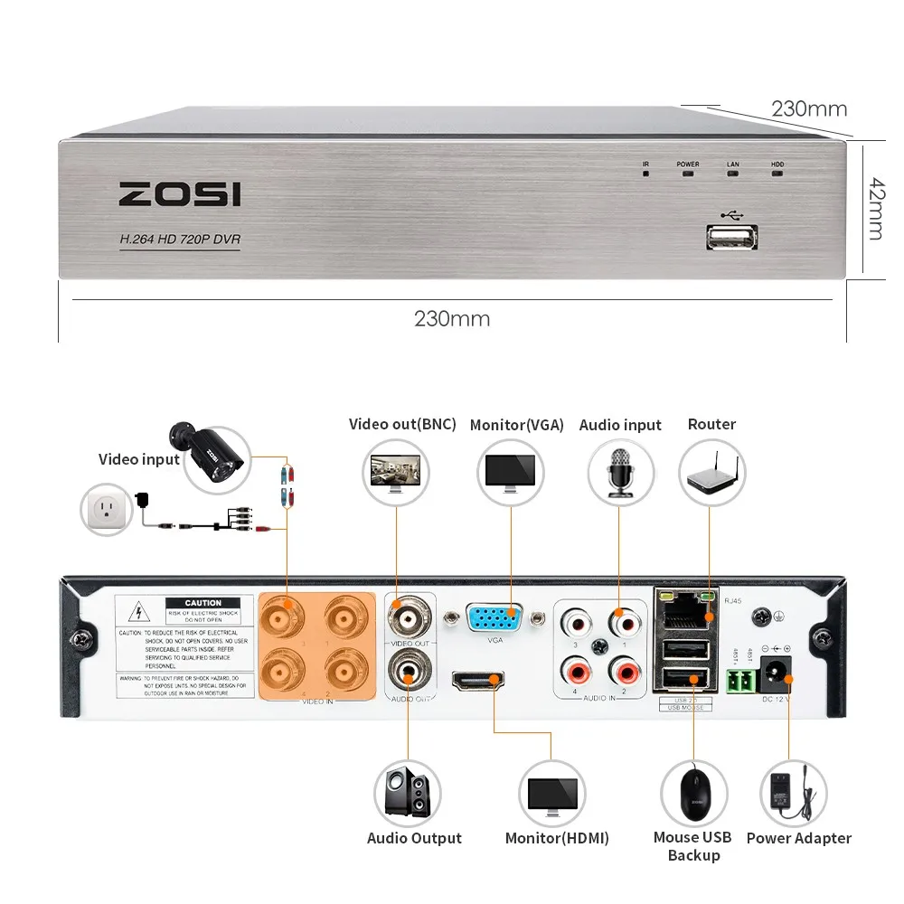 ZOSI 4 канала AHD-720P DVR безопасности DVR Регистраторы с HDMI, защита от пыли, Интернет& Смартфон пульт дистанционного управления для людей с ограниченными физическими возможностями, сигнал тревоги