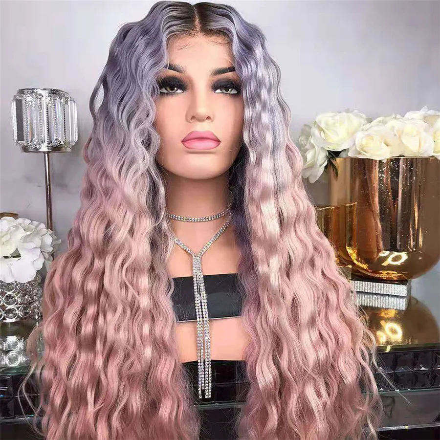 

Women Lady Colored Human Curly Wavy Long Hair Wig Synthetic Party Anime Cosplay Gradient Full Wigs Purple and Pink Color