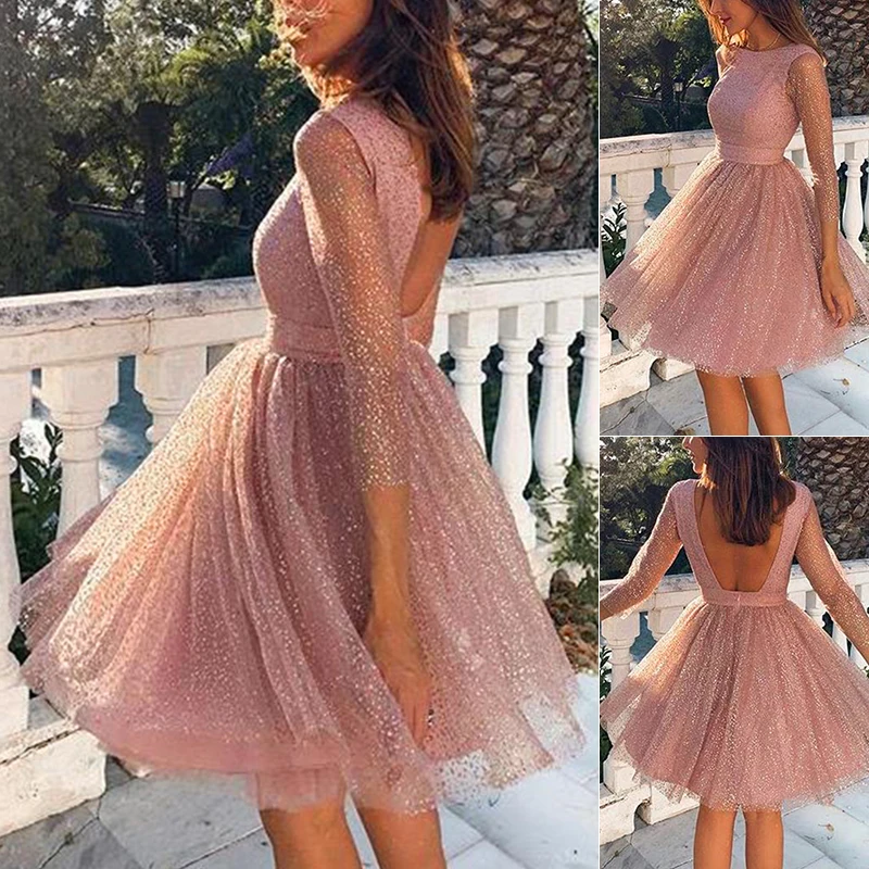 Women's Dress Elegant Long Sleeve Dresses Princess Sweet Pink Solid Fashion Round Neck Hot New Dress