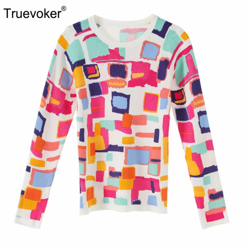 

Truevoker Autumn Designer Knitting Pullover Women's High End Fashion Long Sleeve Multicolor Geometry Printed Knitted Top