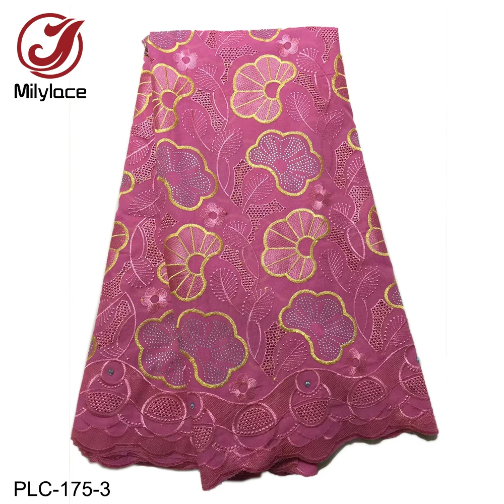 Milylace high quality swiss cotton lace fabric 5 yards embroidery voile lace with stones for women's clothes dresses PLC-175