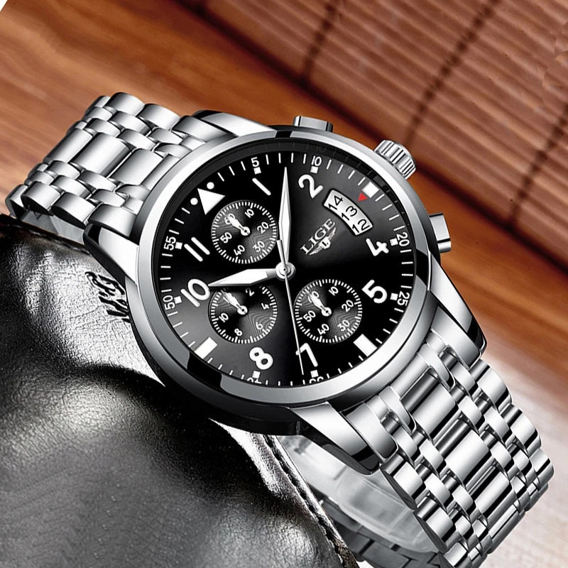 Skup LIGE męskie zegarki Top marka luksusowa moda biznes kwarcowy zegarek mężczyźni Sport wszystkie stalowe srebrne czarne zegarki Relogio Masculino + Box