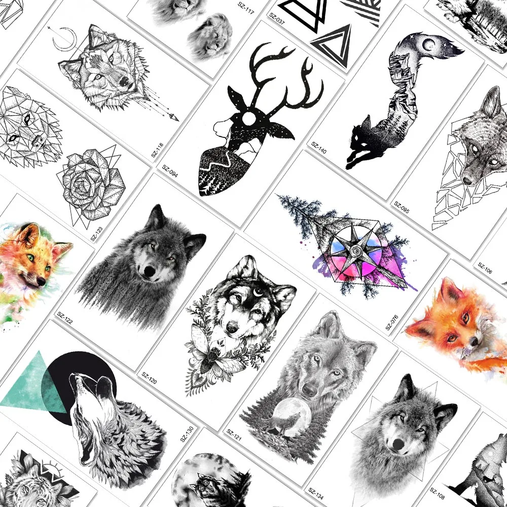 3D Индийский Черный Племенной Волк временные татуировки наклейки для женщин Девушка поддельные водонепроницаемые татуировки бумажная Обложка моль Олень Дизайн