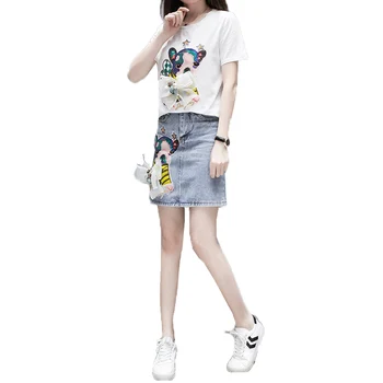 

2019 summer women's fashion short2 piece set ladies new cartoon sequins short sleeveT-shirt + high waist denim skirt casual set