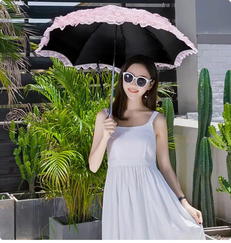 Кружевная вышивка блёстки черный клей двойной складной Анти-защита от ультрафиолета зонт от солнца Принцесса зонтик розовый