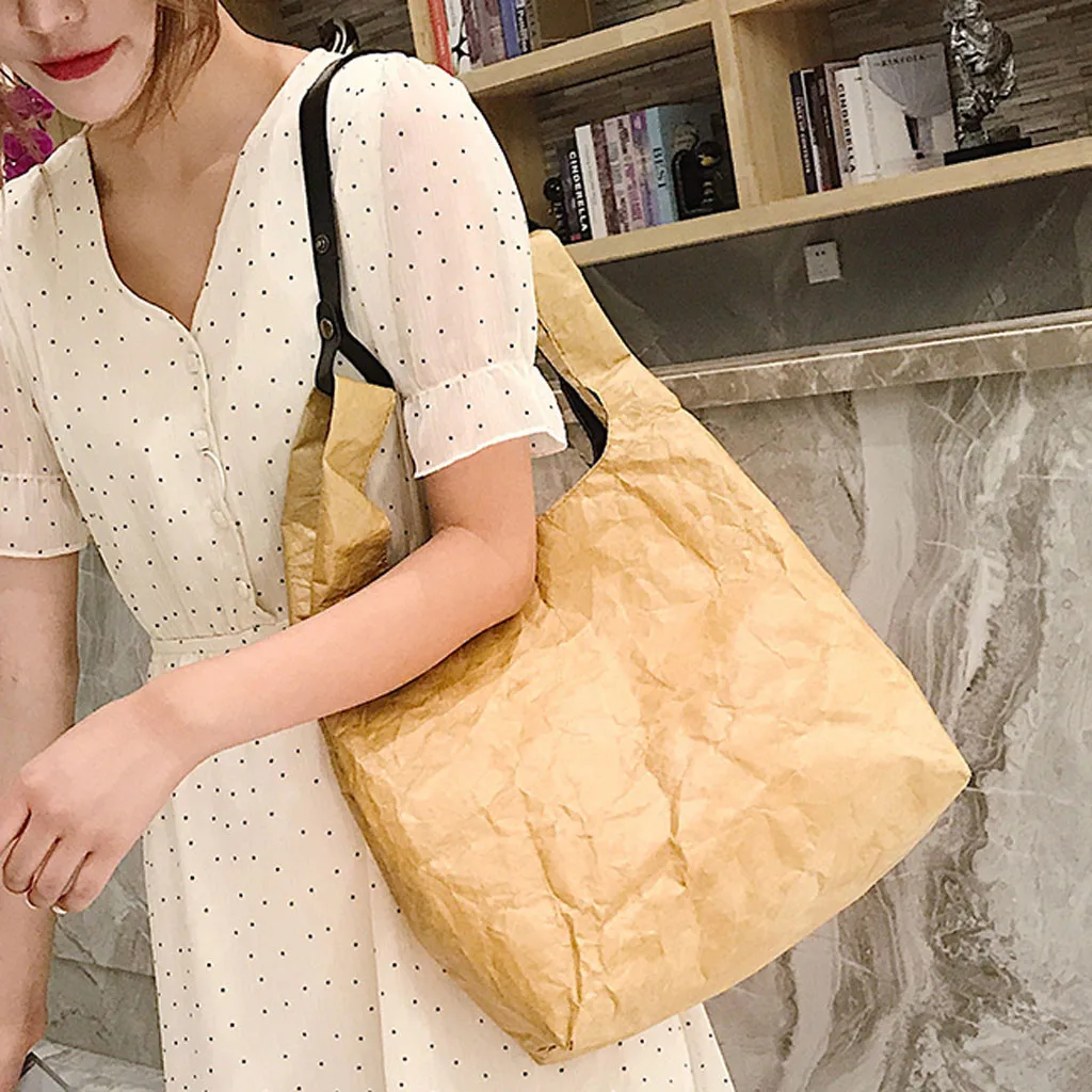 

Women's handbag totes Lightweight Shoulder Bag Paper Handbag 2019 retro solid Waterproof Foldable Reusable Shopping Beach Bag