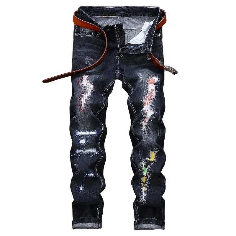 

2019 Fashion inlay decoration of high-end brand men's jeans hand-grinding patch straight type personality trendy pants men