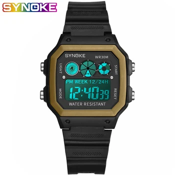 

SYNOKE Student Digital Watch Men Square Colorful Luminous Electronic Watch Multi-function Fashion Gold Color Watch Plastic Clock