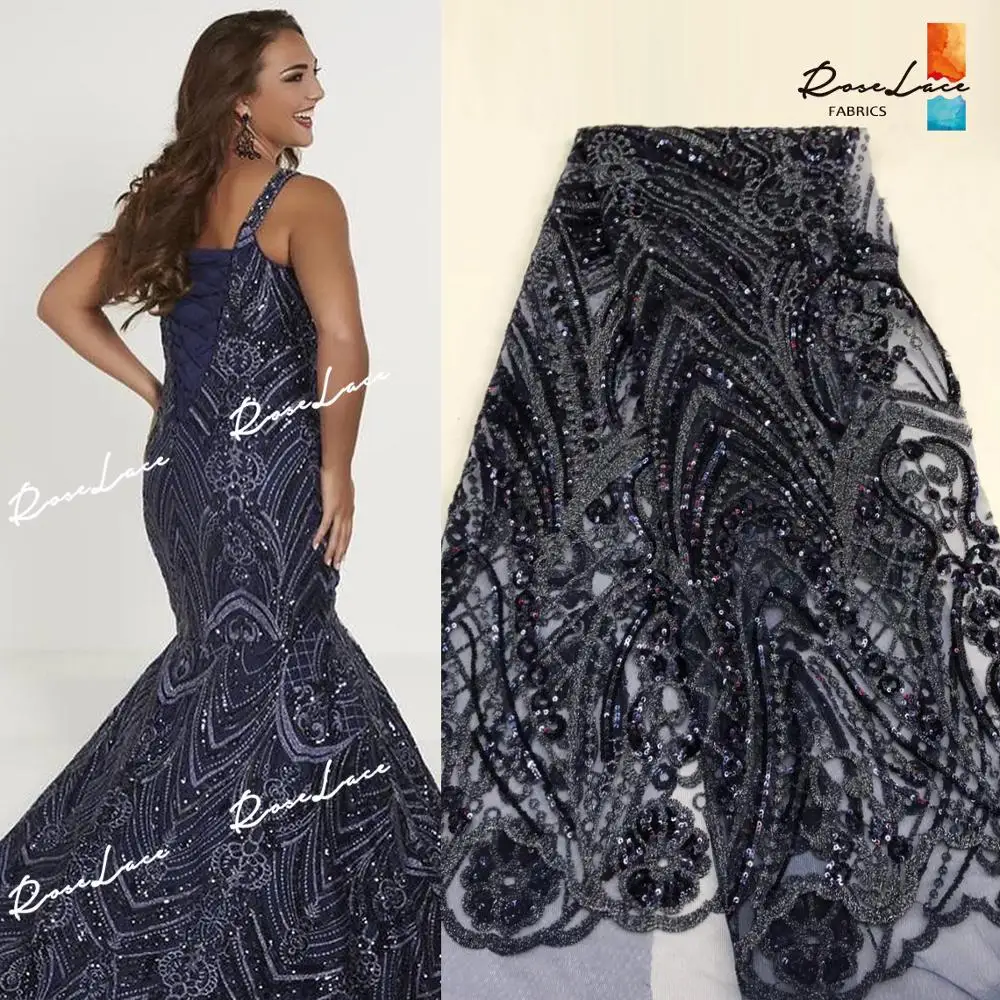 

Deep Blue Sequined Embroidered Net Lace Fabrics Fashion Style Guinea Nigerian Sequins Laces For Wedding Prom Dresses Sewing Lace