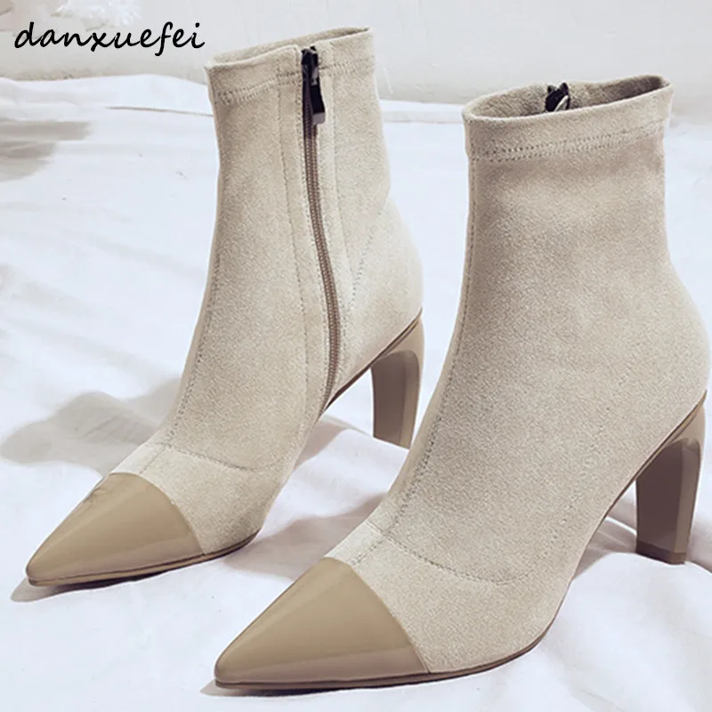 

Women's Genuine Suede Leather Autumn Ankle Boots Brand Designer Pointed Toe Sexy Thin High Heel Short Booties Plus Size Shoes 42