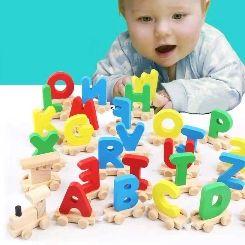

Montessori Baby Wood Train Toy Children Letter Wooden Toys Train A-Z 26pcs Railway Model Kids Early Learning Educational Toys