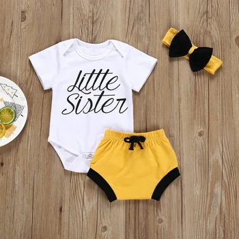 

Baby Girl Toddler Letter Prints Romper Jumpsuit Tops Patchwork +Short Pants +Hairband Cute Baby Girl Clothes Set Outfit 0-24M