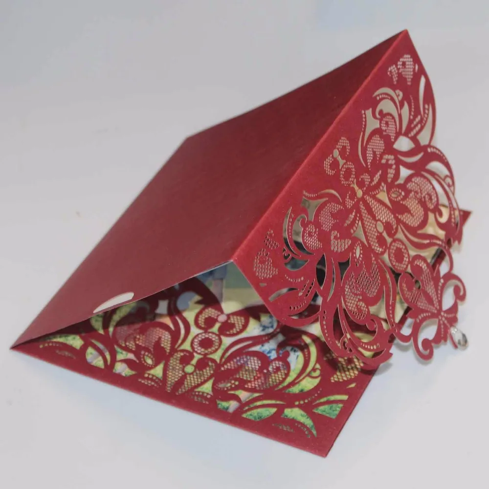 Elegant Laser Cut Wedding Invitation Set Wine Red Pocket Fold Invitation