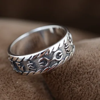

S925 sterling silver ring antique style Buddhist six-word mantra couple models