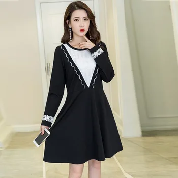 

2018Spring fashion Ladies elegant A-line Dress lace patchwork contrast color cultivating Dress casual vestido plus sizeL-5XL 4XL