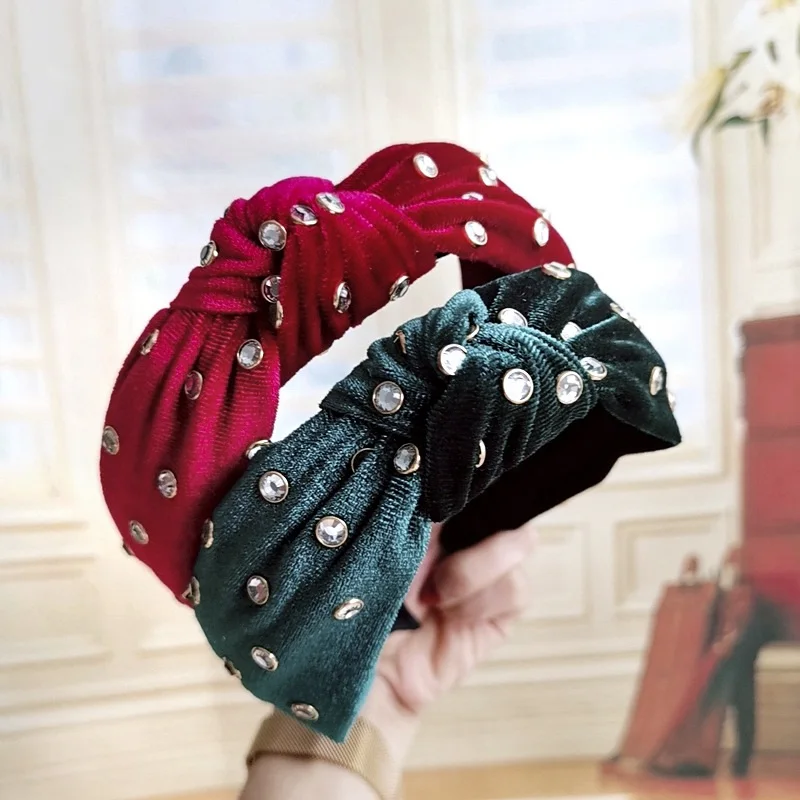 

FASACC Velvet Rhinestone Knot Hairband For Women Ladies Bezel Headband Solid Wide Hoop Retro Headwear Female Hair Accessories